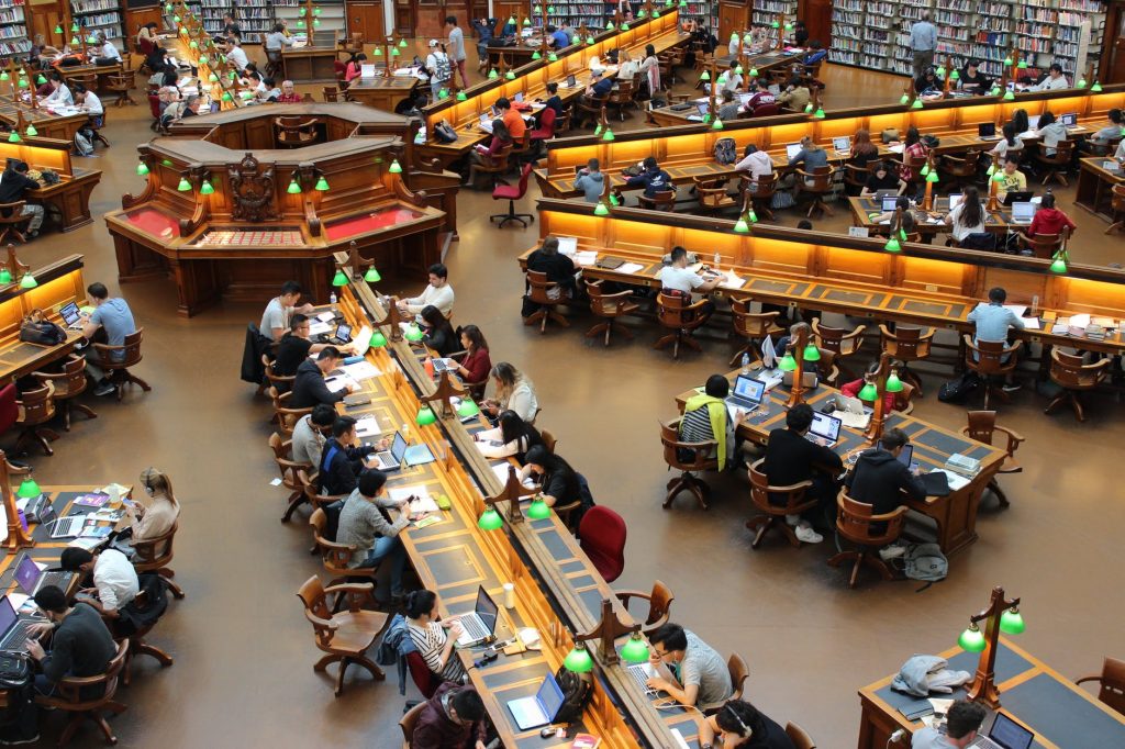 Students working in a library